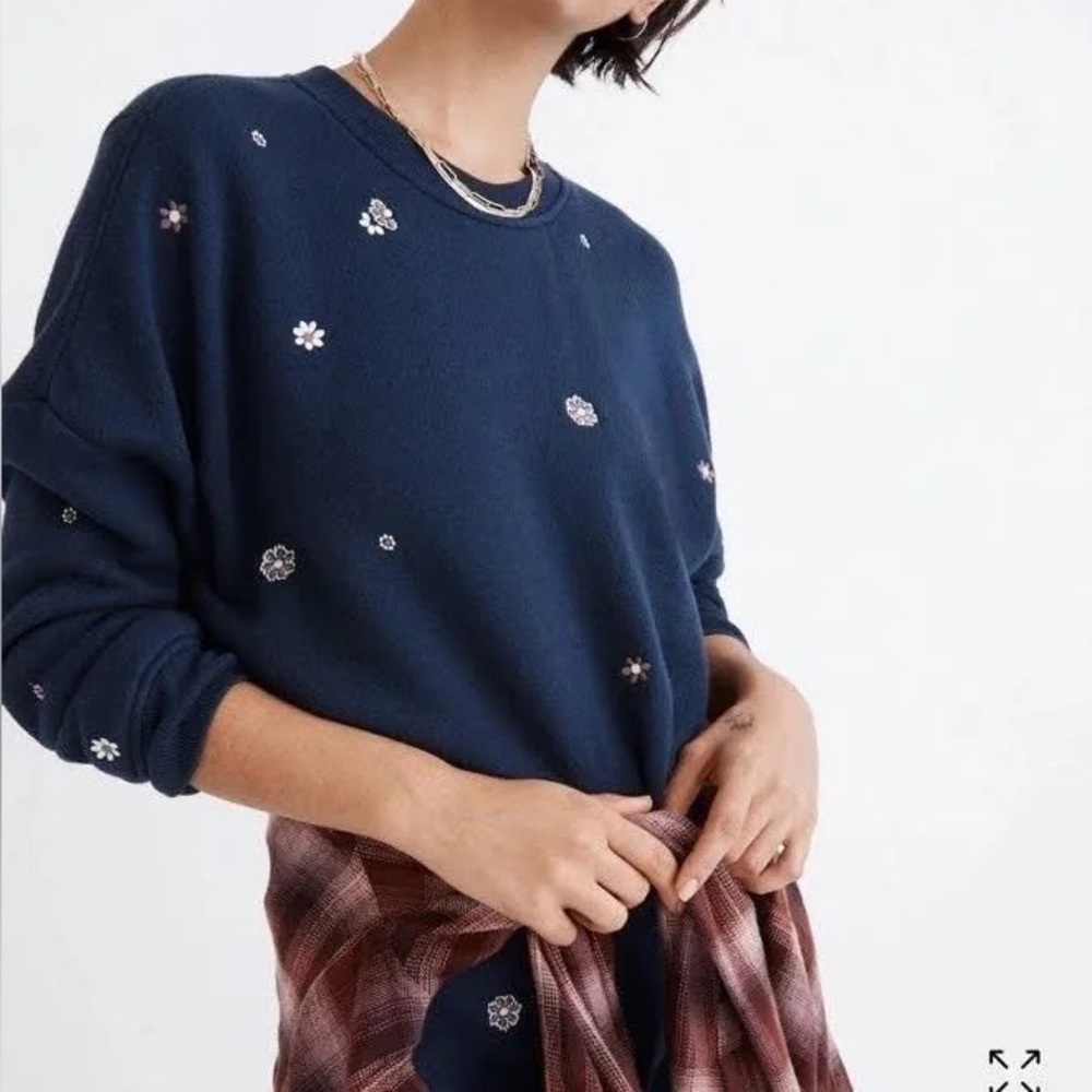 Madewell Floral Embroidered Navy Blue Sweater